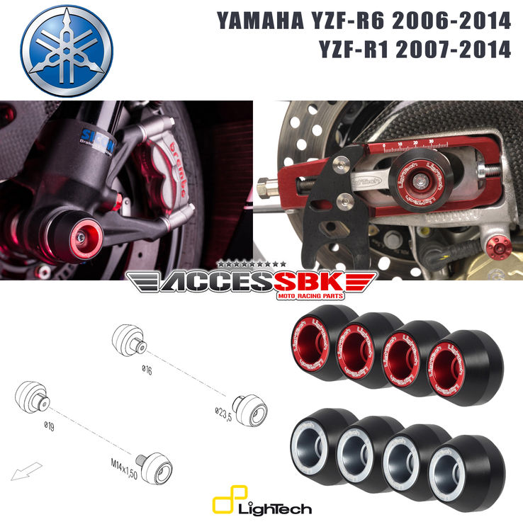 Kit tampons de protection axes de roues - YAMAHA YZF-R6 2006-2016 et R1 2007-2014 - avant + arrière - LIGHTECH -