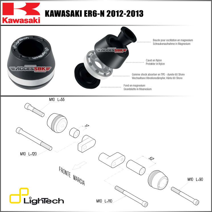 Tampons protection de cadre - Kawasaki ER6 2012-2016 - LIGHTECH