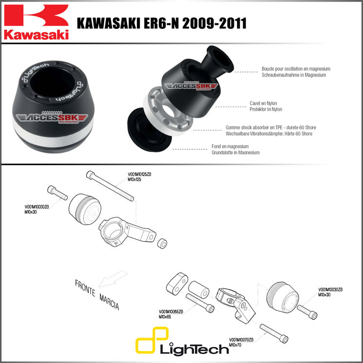 Tampons protection de cadre - Kawasaki ER6 2009-2011 - LIGHTECH