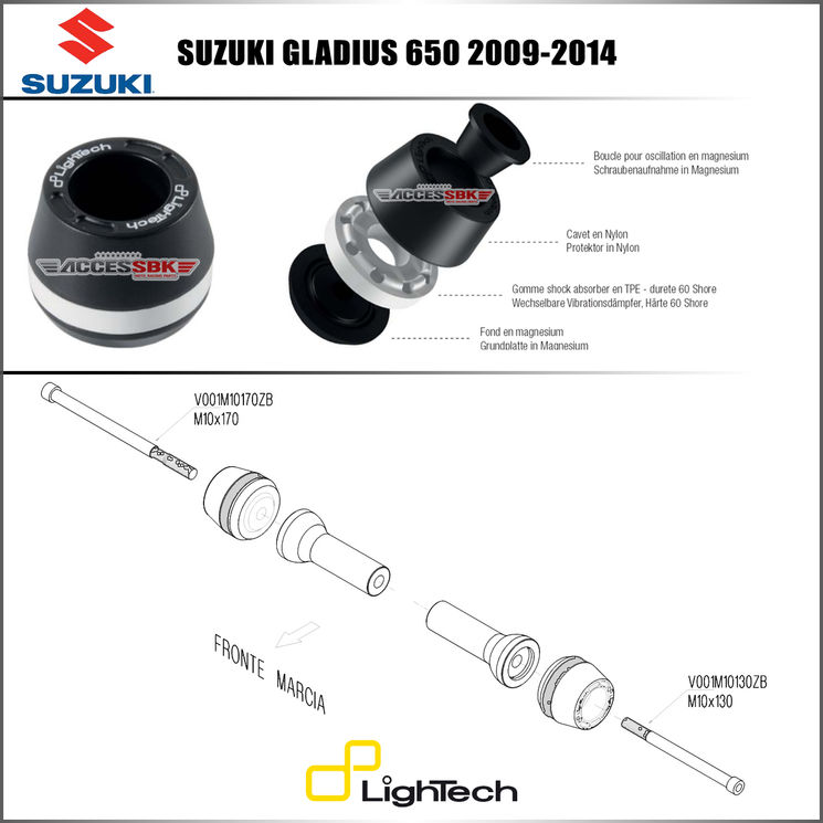 Tampons protection de cadre - Suzuki Gladius 650 2009-2015 - LIGHTECH