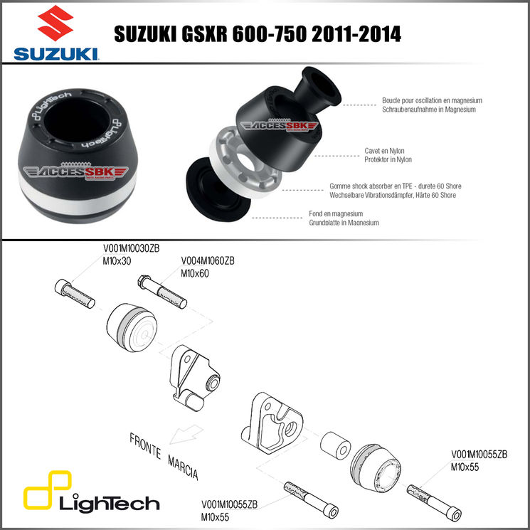 Tampons protection de cadre - Suzuki GSXR600-750 2011-2016 - LIGHTECH