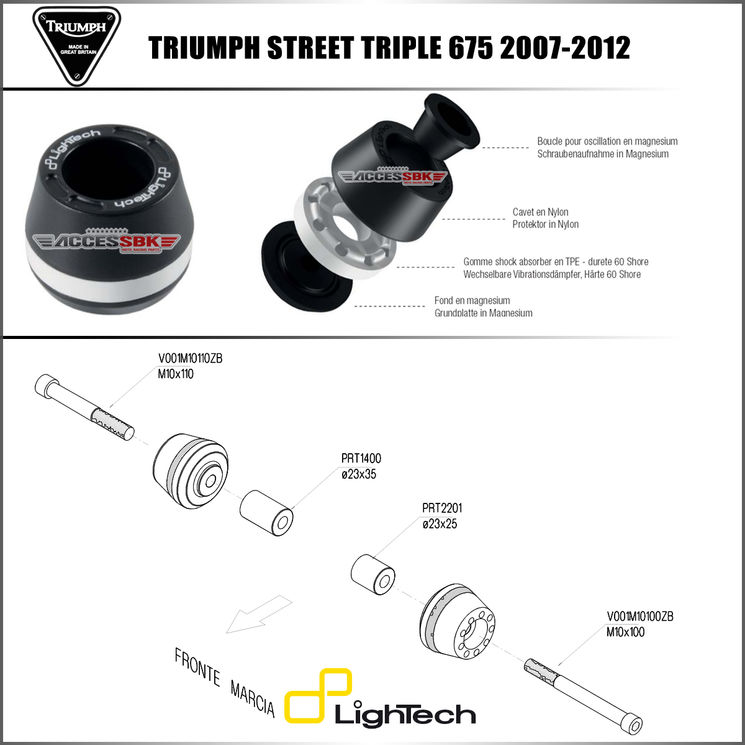 Tampons protection de cadre - Triumph 675 Street triple 2007-2012 - LIGHTECH