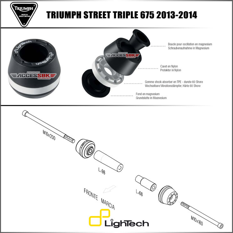 Tampons protection de cadre - Triumph 675 Street triple 2013-2016 - LIGHTECH