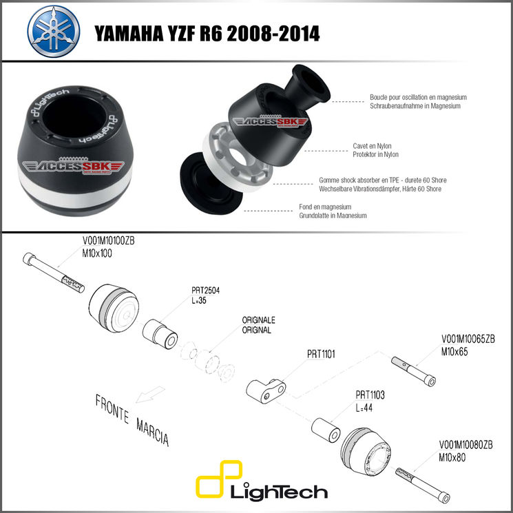 Tampons protection de cadre - Yamaha YZF R6 2008-2016  - LIGHTECH