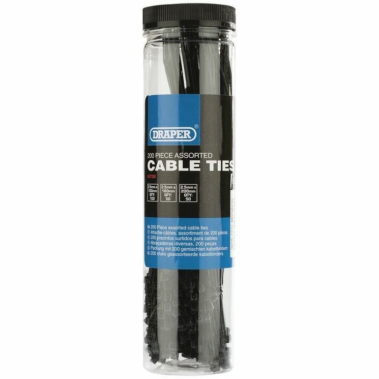Assortiment de 200 colliers nylon type "rilsan" DRAPER - 100x100mm - 50x160mm - 50x190mm - couleur noir