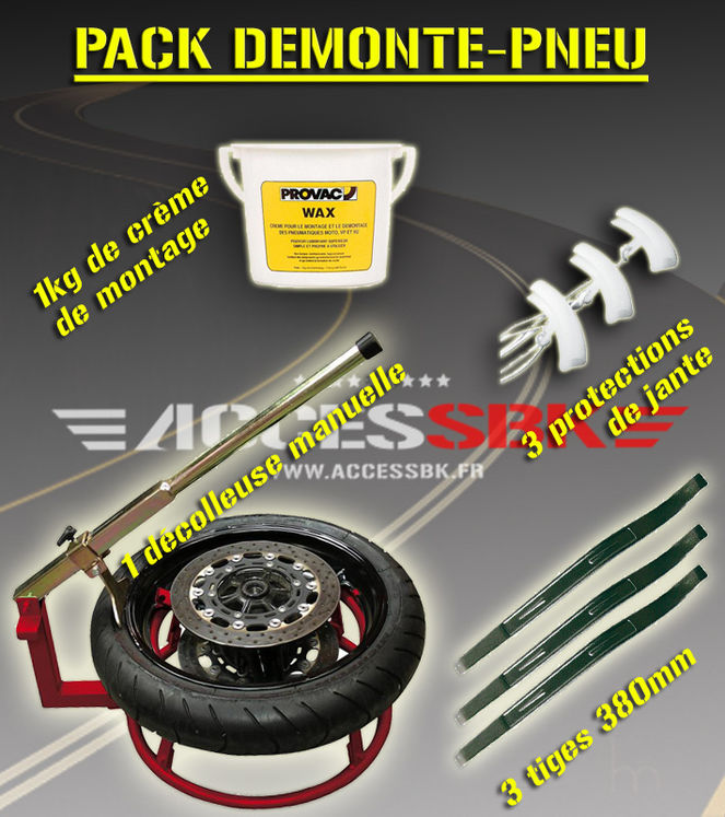 Pack démonte pneu - Décolleuse + tiges démonte pneu + protections jante +  crème de montage