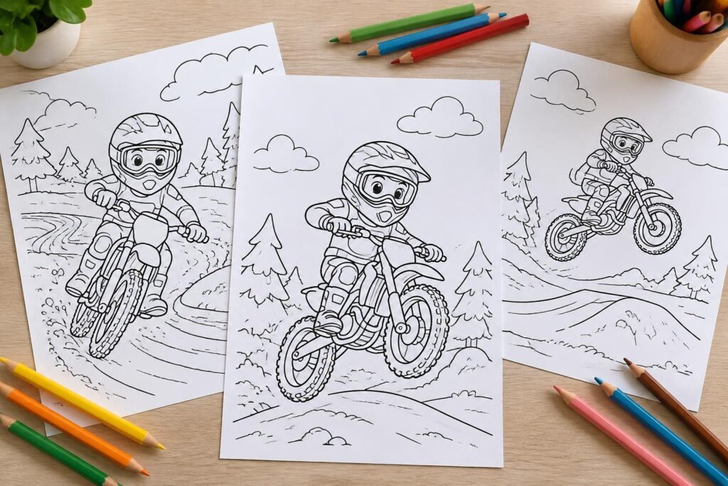 découvrez nos coloriages de motocross gratuits à imprimer : motos, pilotes et circuits à colorier pour amuser les enfants.
