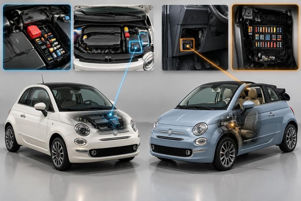 découvrez le schéma et l’emplacement des fusibles de la fiat 500 et 500c : repérez chaque fusible et identifiez facilement son rôle.